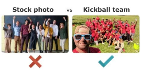 Comparison between a posed group labeled "Stock photo" and a smiling outdoor group labeled "Kickball team" with celebratory gestures.