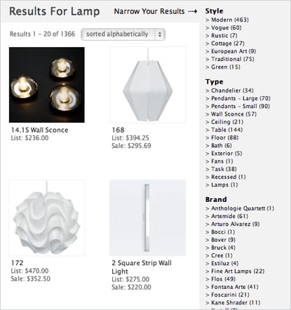 A search result for "lamp". A right sidebar provides filters by style, type, and brand. 