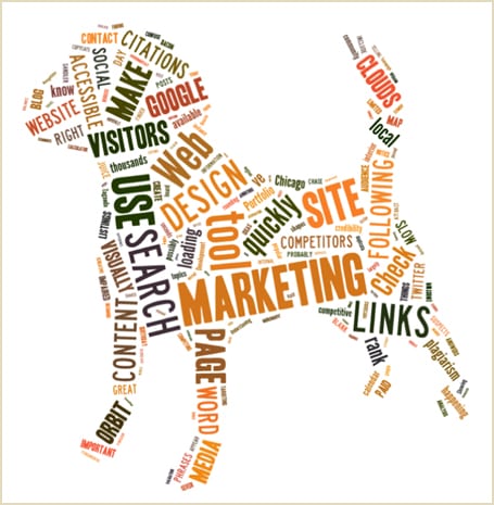 A word cloud full of words like: marketing, visitors, google, site, and links. The cloud is in the shape of a dog. 