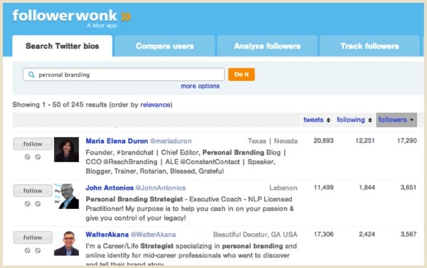 A screenshot of a Followerwonk search for "personal branding"