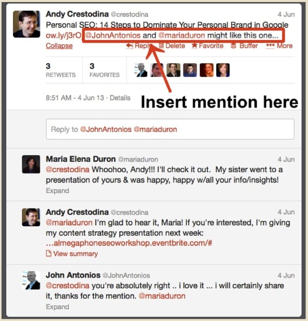 A screenshot of a Tweet from Andy Crestodina. John Antonios and Maria Duron are tagged in the original post, and have replied in the thread, thanking Andy for tagging them. 