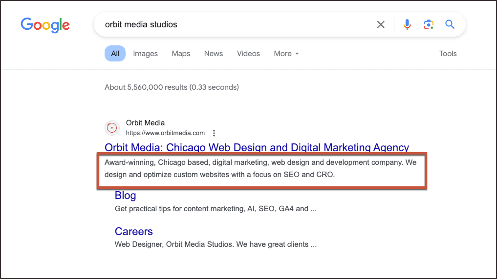 Screenshot of a google search result for "orbit media studios," highlighting the top result for orbit media’s website describing it as a chicago-based web design and digital marketing agency.