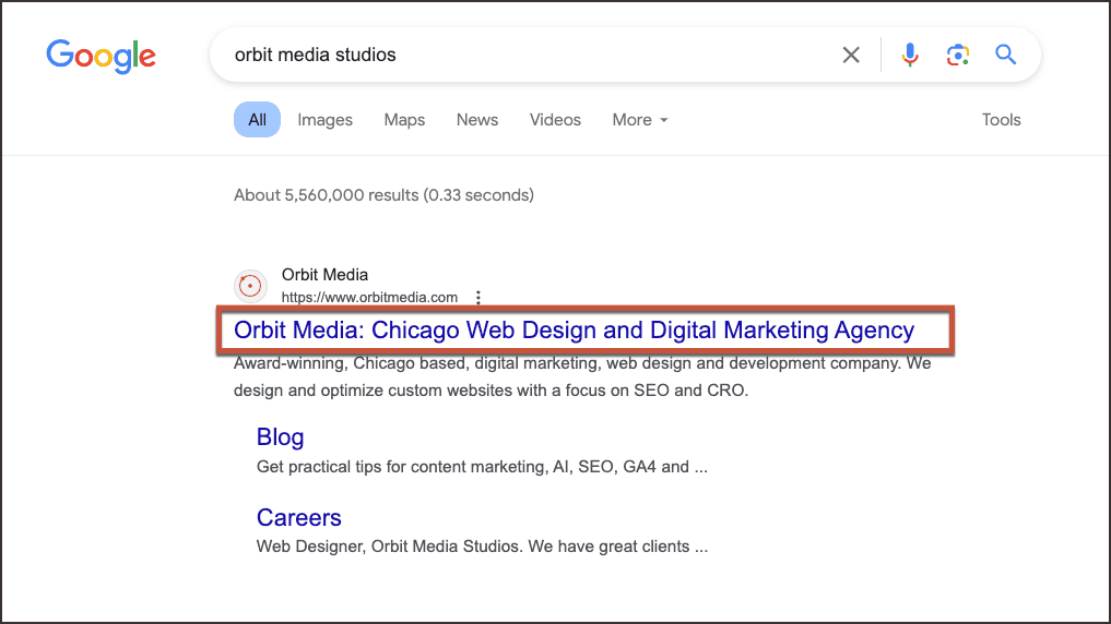 Google search results page showing "orbit media studios" as a top result with a description of the company as a web and digital marketing agency.
