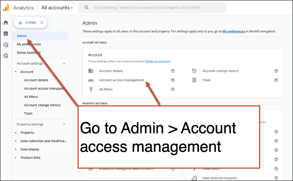 A screenshot of an analytics platform interface highlighting the navigation path to account access management settings.