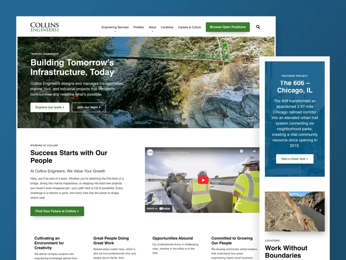 Screenshot of Collins Engineers’ website homepage featuring a navigation bar, a large header image of a rocky landscape, and sections highlighting company values and job opportunities.