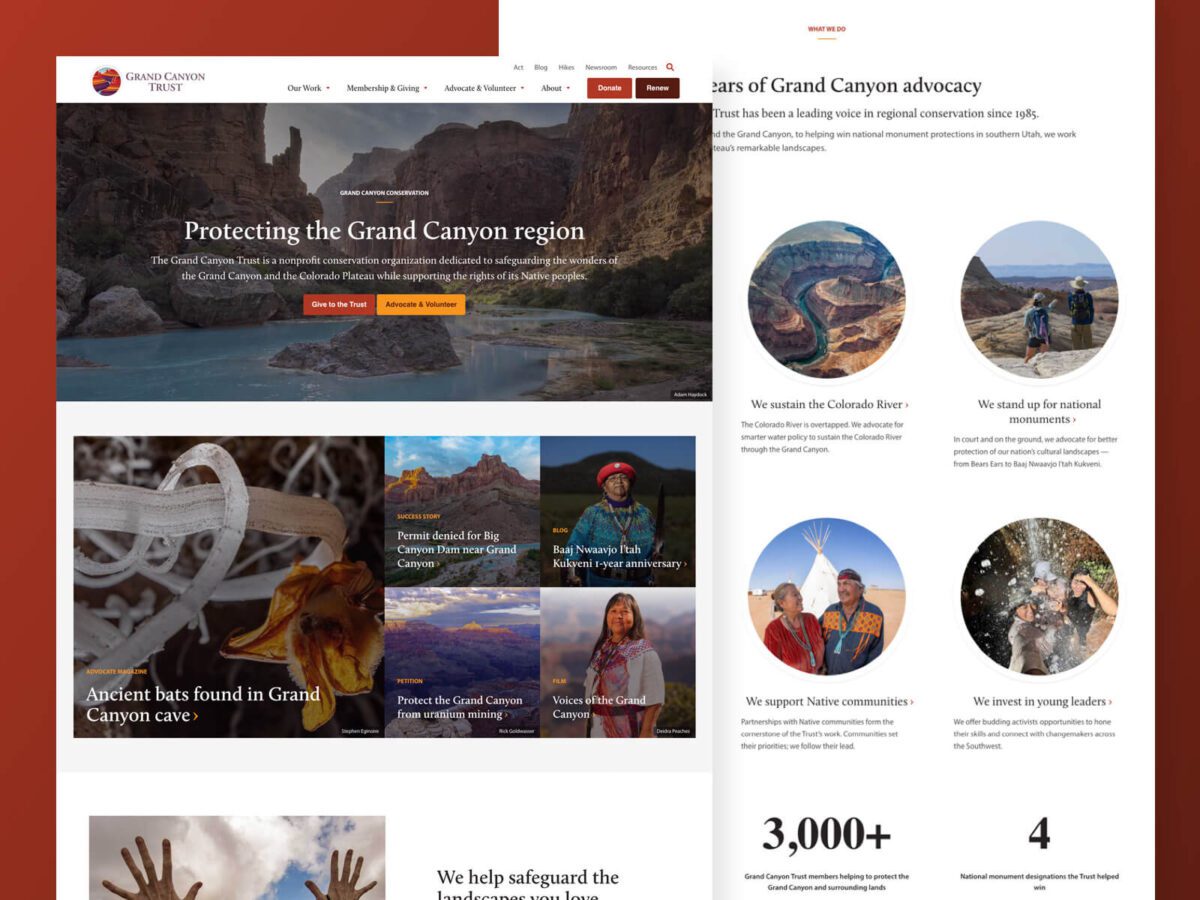 Screenshot of a website promoting the preservation of the Grand Canyon region, featuring images of the landscape, wildlife, and local communities, with descriptive text about their conservation efforts.