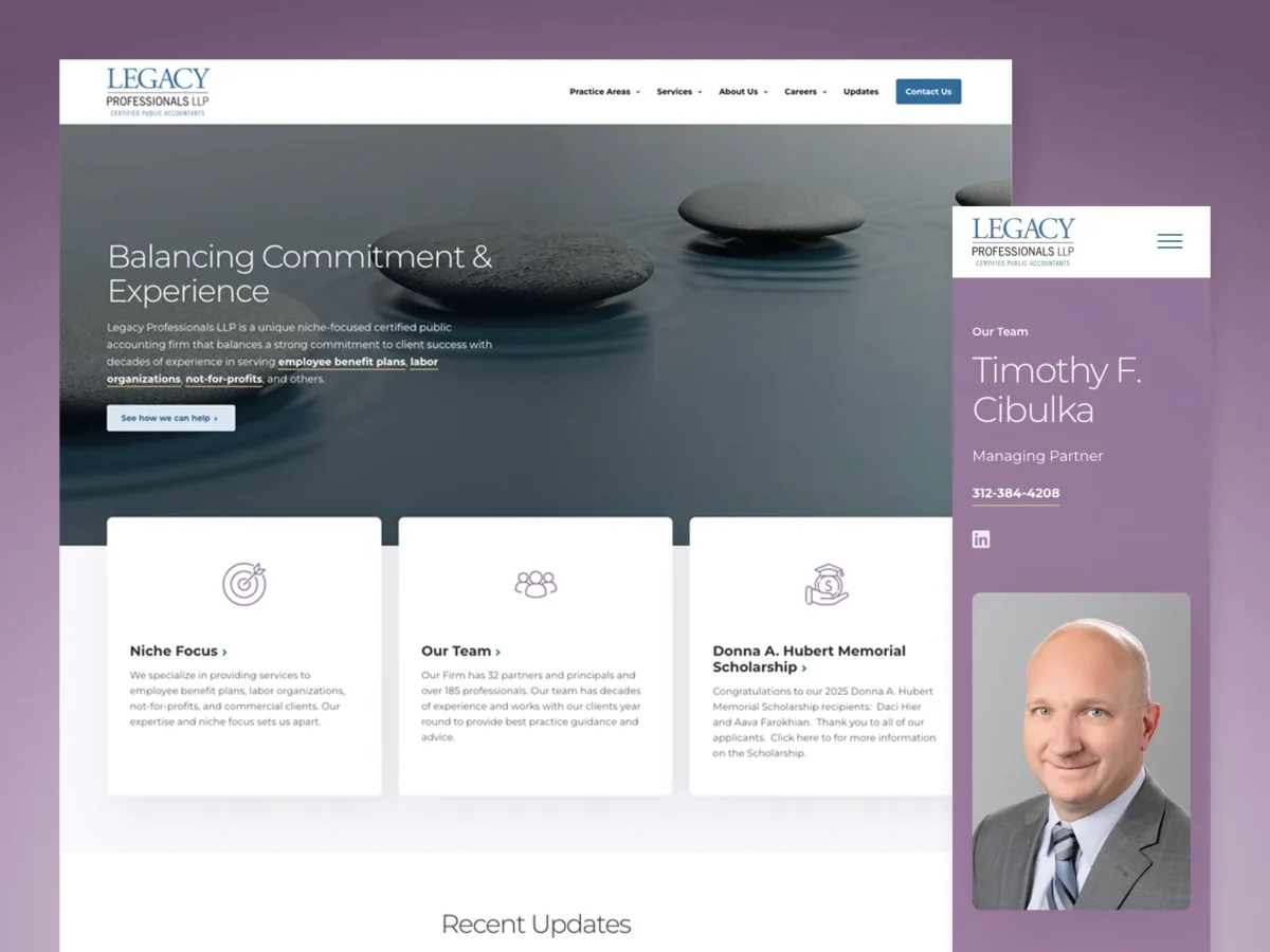 Screenshot of Legacy Professionals LLP website featuring a homepage with firm information, services, and a sidebar showing team member Timothy F. Cibulka’s profile photo and contact details.