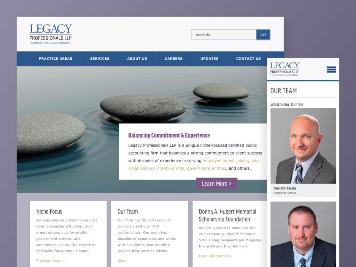 desktop and mobile designs for Legacy Professionals website