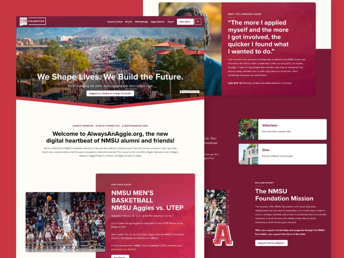 Screenshot of the NMSU Foundation website with sections for alumni, events, and programs. Includes images of a basketball game, campus, and inspirational text about shaping lives and building the future.