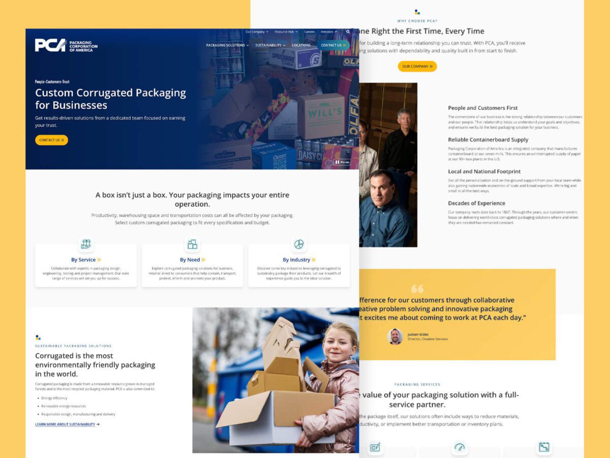 A webpage from Packaging Corporation of America, highlighting custom packaging solutions, benefits, testimonials, and the importance of environmentally friendly packaging.