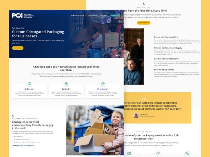 A webpage from Packaging Corporation of America, highlighting custom packaging solutions, benefits, testimonials, and the importance of environmentally friendly packaging.