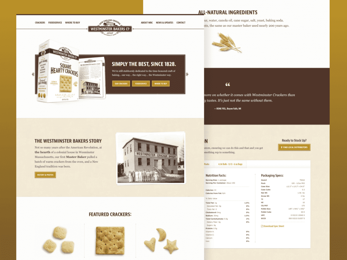 Two desktop-sized screenshots of the Westminster Crackers website.