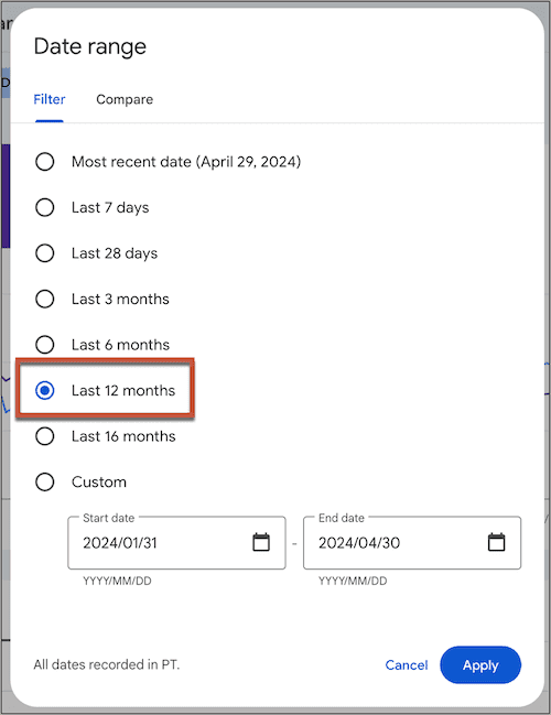 Screenshot of a digital interface showing date range filters with the "last 12 months" option selected.