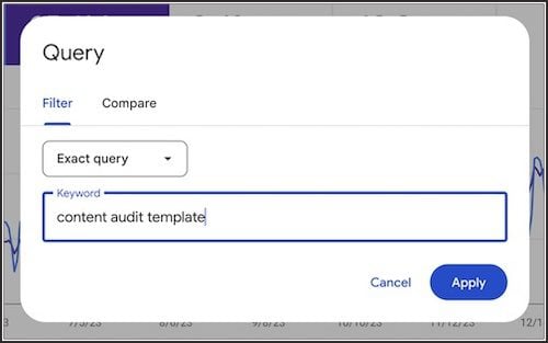 Screenshot of a search interface with a dropdown menu set to "exact query" and a text box filled with "content audit template," with an "apply" button.