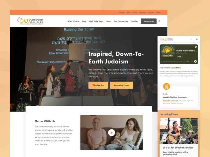 One desktop-sized screenshot, and one mobile-sized screenshot of Mishkan website.