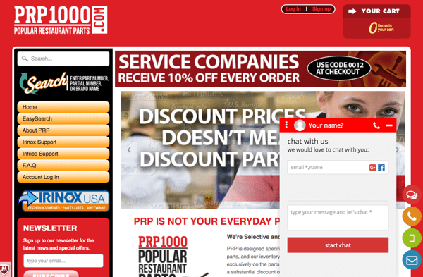 The PRP1000.com eCommerce site supports its visitors with the option to ask questions via online chat, phone, SMS or email. 
