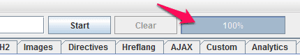 Pink arrow pointing at the "clear" button in a software interface with multiple tabs labeled, including 'start' and 'analytics'.