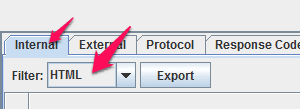 Screenshot of a software interface with tabs labeled "internal," "external," "protocol," and "response code," and arrows pointing to the "external" tab.