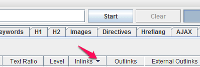 Screenshot of a webpage analysis tool interface highlighting the "inlinks" dropdown menu with a red arrow.
