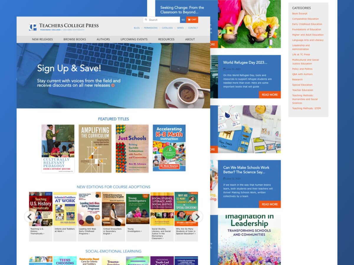 2 desktop designs for teachers college press website