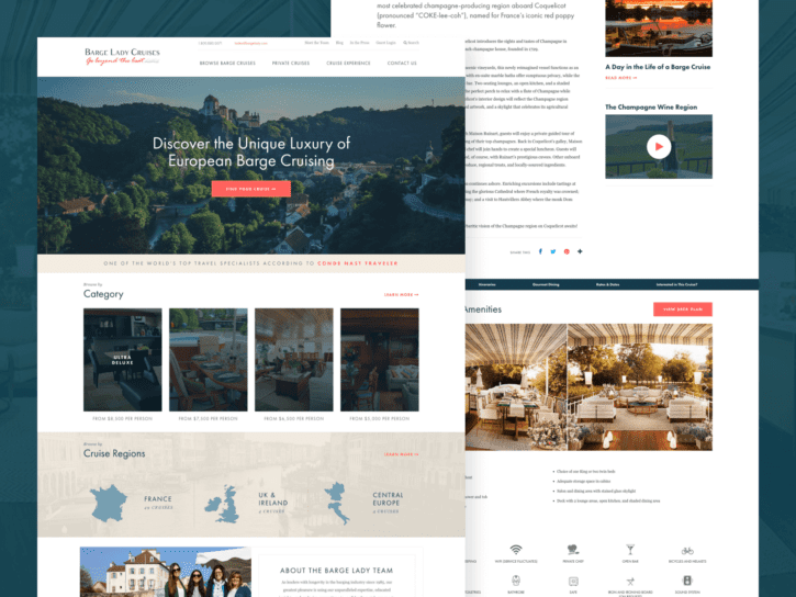 2 desktop screens for Barge Lady Cruises Website