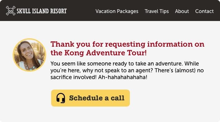 Screenshot of a Skull Island Resort webpage highlighting the Kong Adventure Tour with a photo of a smiling person. It encourages scheduling a call to speak with an agent.