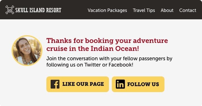 A thank you message from Skull Island Resort for booking an adventure cruise in the Indian Ocean, encouraging social media engagement on Twitter and Facebook.
