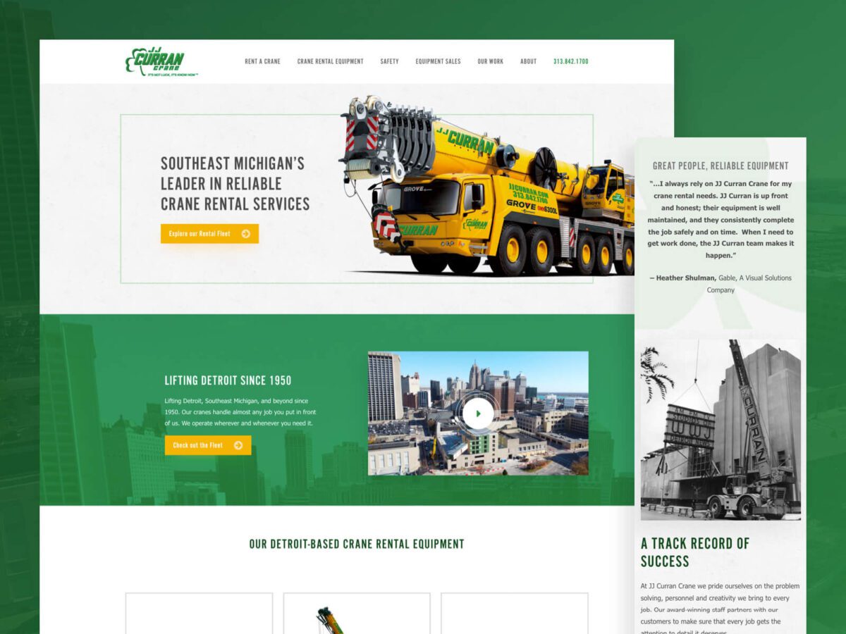 Desktop and mobile designs for JJ Curran Crane website