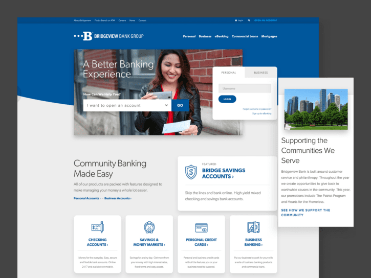 Desktop and mobile screens from Bridgeview Bank Website