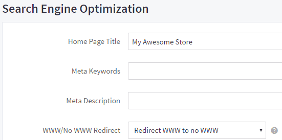 Screenshot of a search engine optimization settings page with fields for home page title, meta keywords, meta description, and a www redirect option.
