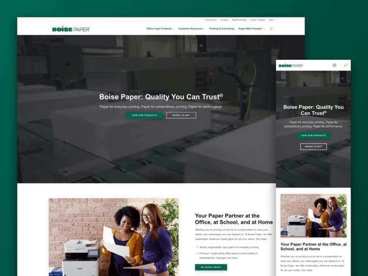 One desktop-sized screenshot, and one mobile-sized screenshot of Boise Paper.