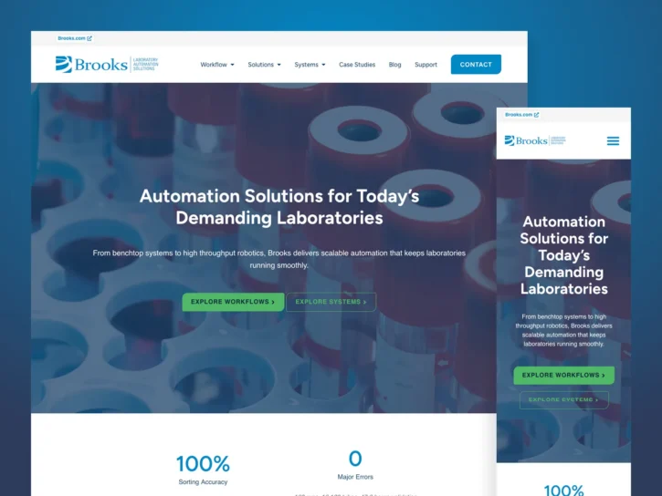 Brooks automation website homepage shown on desktop and mobile screens, displaying test tubes, navigation menu, and buttons for exploring workflows and systems.