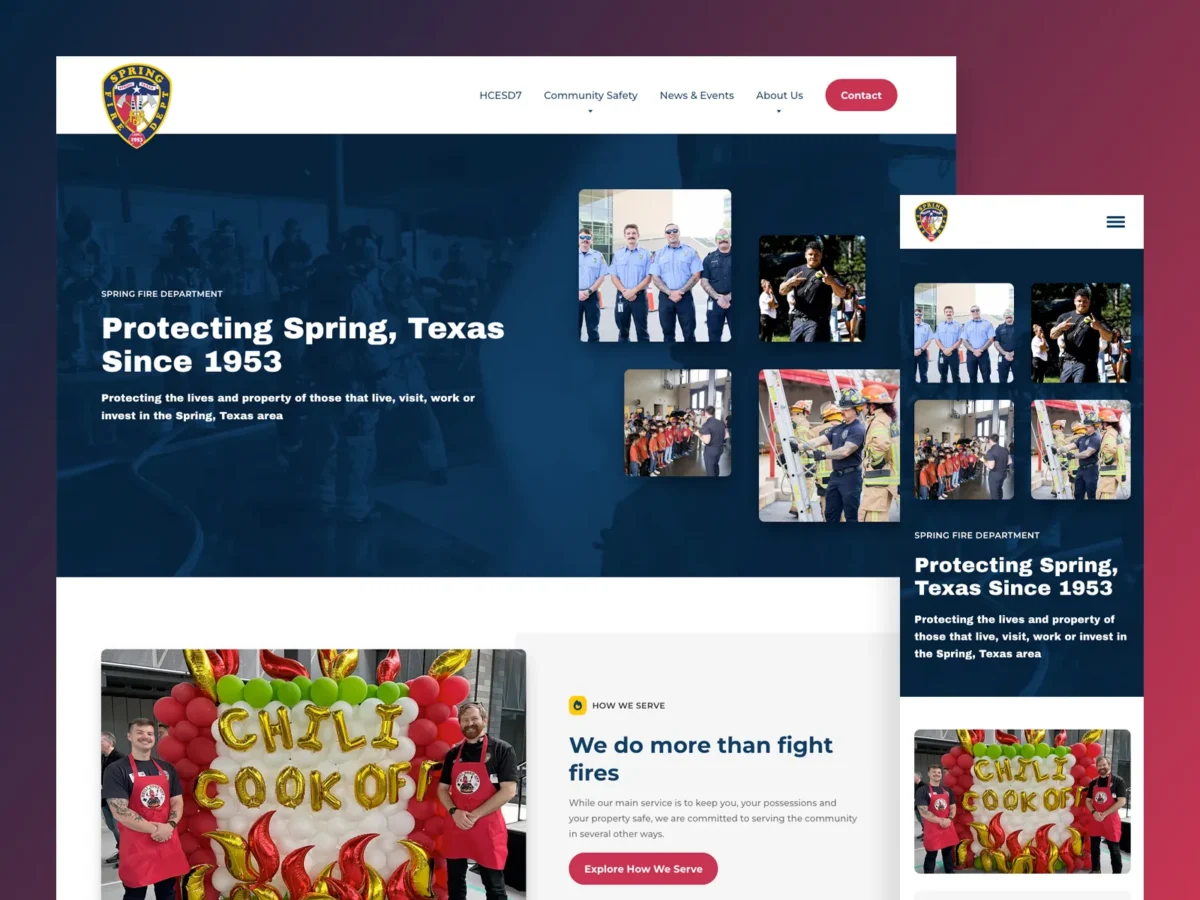 Screenshot of a fire department website featuring text stating "Protecting Spring, Texas Since 1953," images of firefighters, and sections about community events and services.