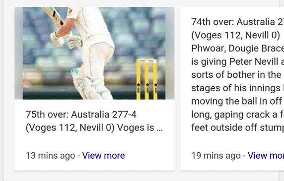 A partial view of a cricketer playing, with text showing match commentary and current scores. The scores indicate Australia at 277-4, Voges at 112 runs not out, and Nevill at 0 runs not out.