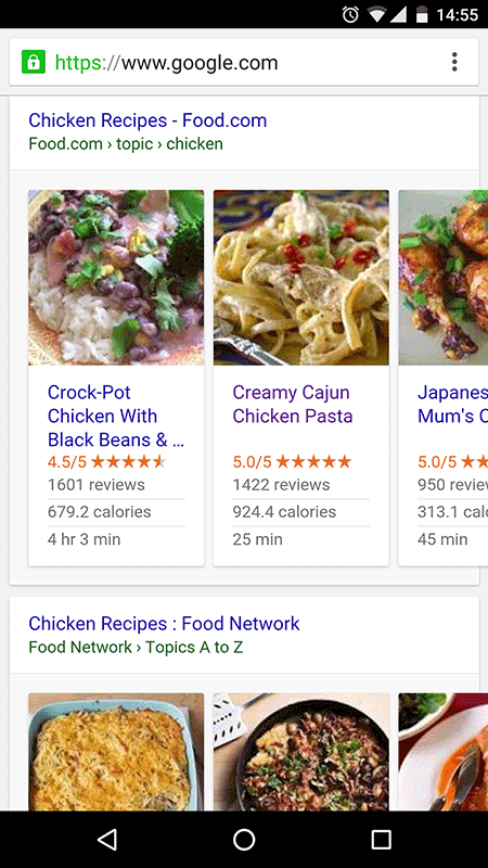 A smartphone screen displaying a Google search result page for chicken recipes, including images and ratings for dishes such as Crock-Pot Chicken and Creamy Cajun Chicken Pasta.
