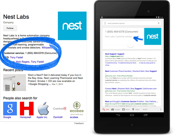 Screenshot of a Nest Labs contact information page on a website and a search results page on a tablet, both showing the customer service phone number (1-855-469-6378) for Nest Labs.