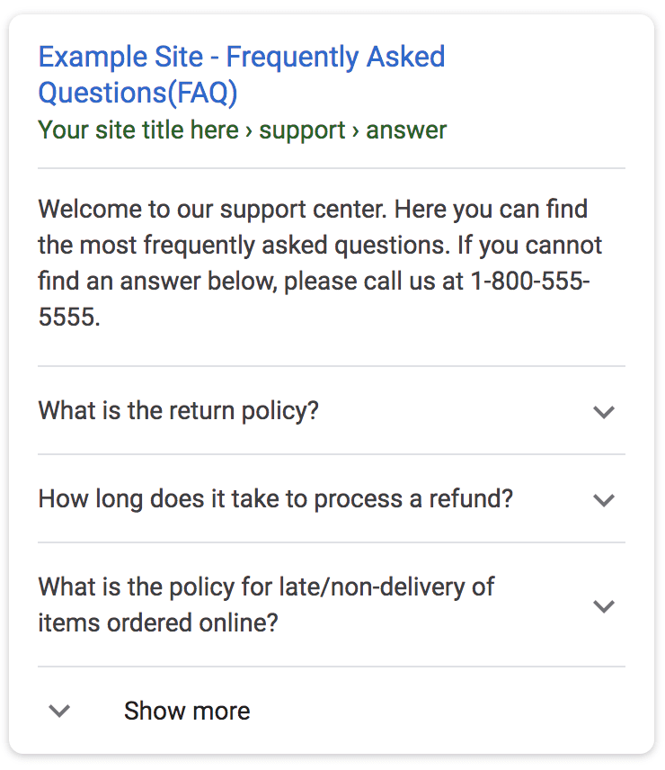 Screenshot of a FAQ section from a website's support page. Questions listed include return policy, refund processing time, and policy for late/non-delivery of online orders. A phone number is provided for further help.