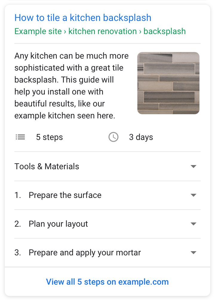 A guide on how to tile a kitchen backsplash, showing a list with the first three steps: prepare the surface, plan your layout, and prepare/apply mortar, accompanied by an image of a tiled backsplash.