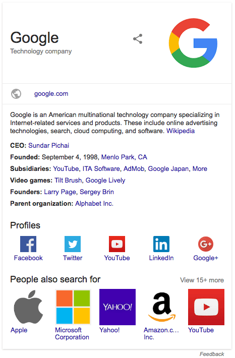 Screenshot of a Google company profile showing the logo, a summary of the company, CEO's name, founders, industry, and profiles on social media platforms like Facebook, Twitter, and LinkedIn.