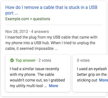 Screenshot of a forum showing a question about removing a stuck USB cable, dated Nov 28, 2012, with two answers; one involving utility tools and the other suggesting using an eyelash tweezer.