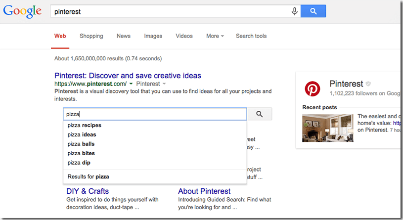 Google search page showing results for "Pinterest" with automatic search suggestions for "pizza" such as pizza recipes, pizza ideas, and pizza balls.