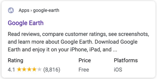 Google Earth app listing showing a 4.1-star rating from 8,816 reviews, free price, and iOS platform compatibility.