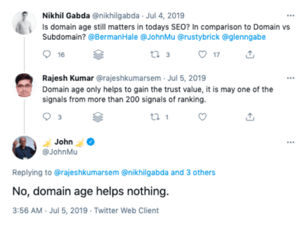John Mueller discussing domain age on Twitter/X