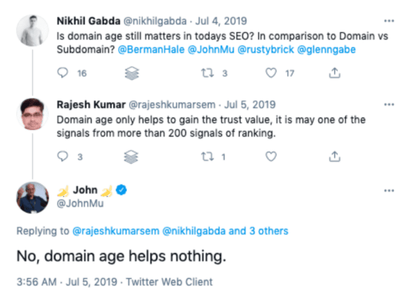 John Mueller discussing domain age on Twitter/X