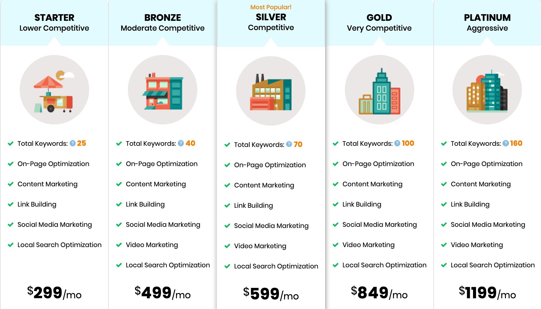 Comparison chart of seo service packages: starter, bronze, silver, gold, platinum, with features and pricing from $299 to $1199 per month.
