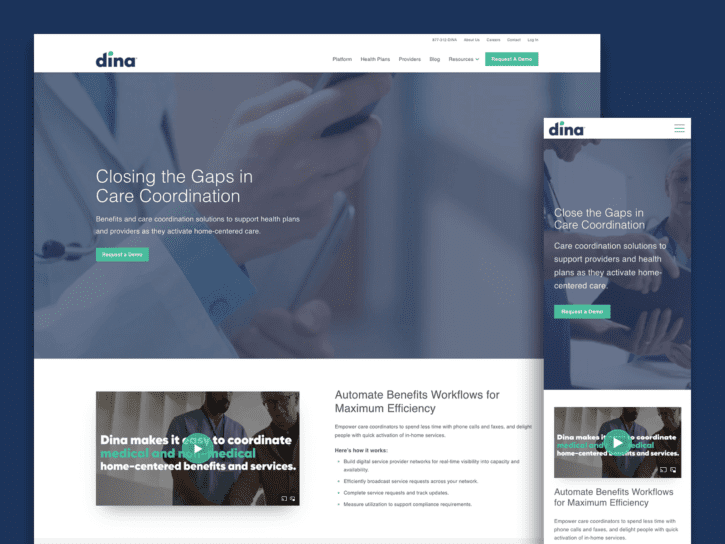 One desktop-sized screenshot, and one mobile-sized screenshot of DINA Care.