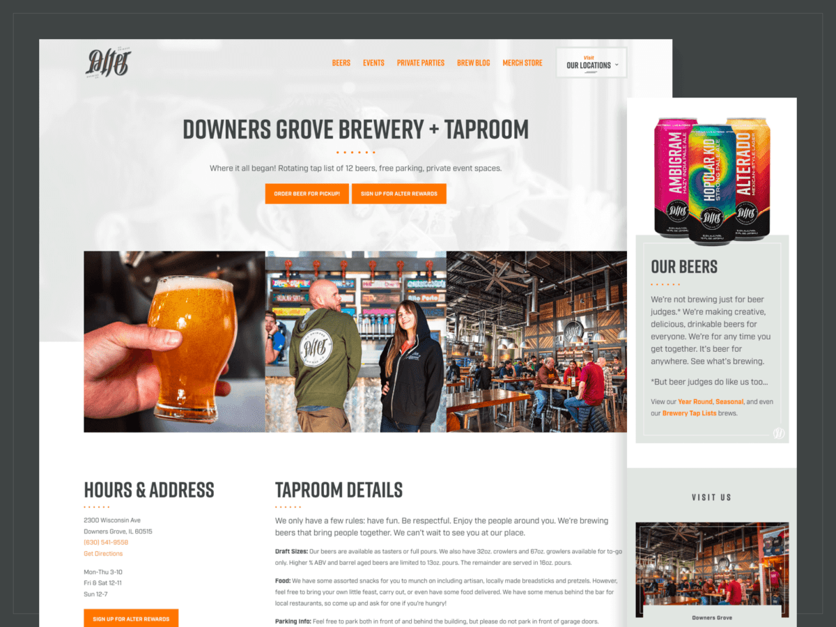 Desktop and mobile screens from Alter Brewing website