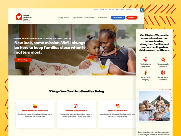 A woman and child sit close together on a couch. The website highlights ways to support families, including making meals, volunteering, or donating. The mission statement is visible on the right.