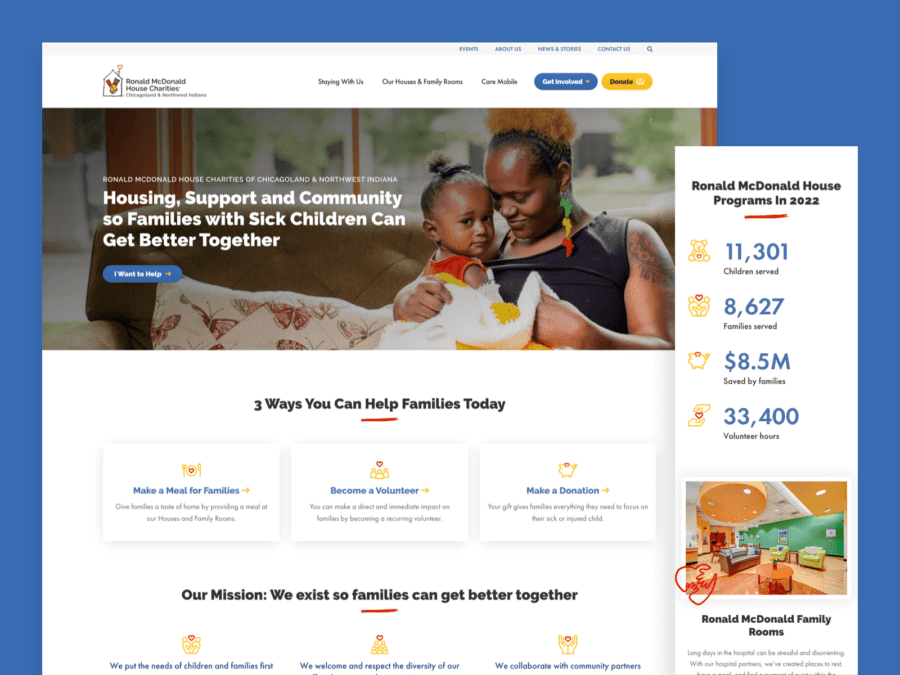 One desktop-sized screenshot, and one mobile-sized screenshot of Ronald McDonald House Charities website.