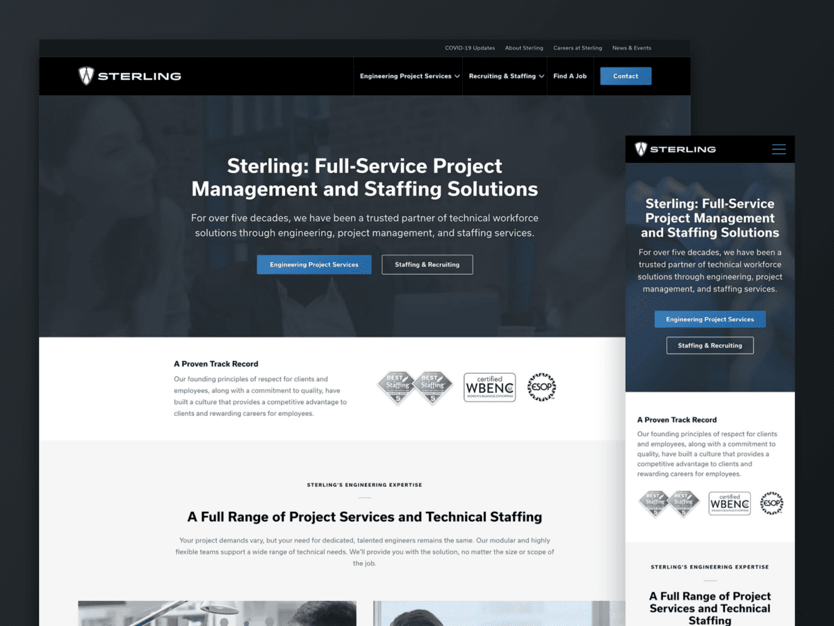 One desktop-sized screenshot, and one mobile-sized screenshot of Sterling Engineering.